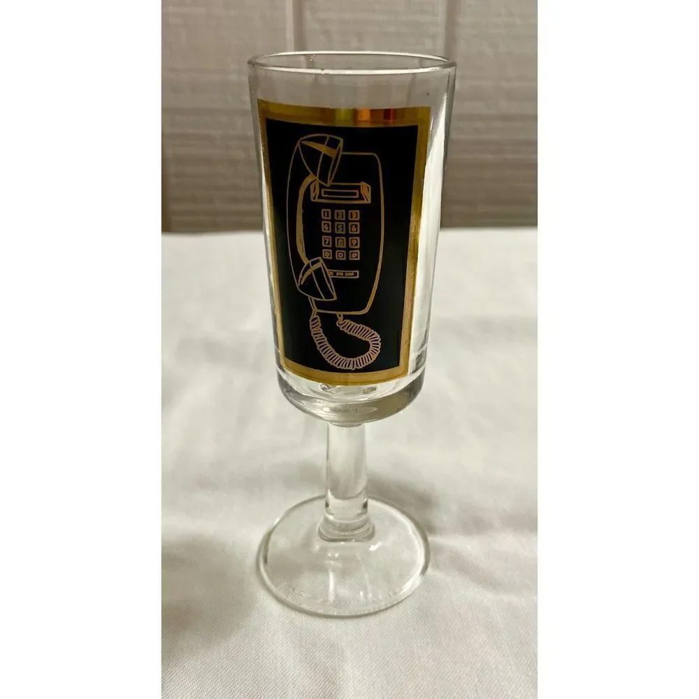 UNIQUE VINTAGE GALAXY TELEPHONE BAR GLASS C1960 Black & Gold Telephone Graphic